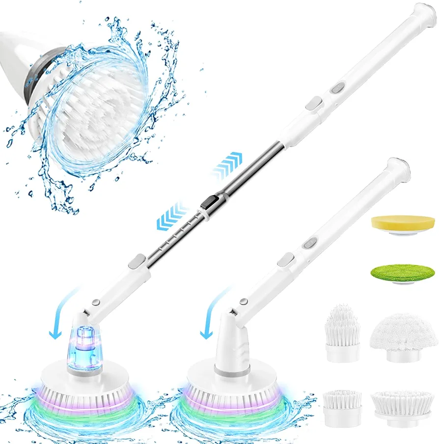 Electric Spin Scrubber 520 RPM Cleaning Brush with 6 Replaceable Brush Heads and Adjustable Long Handle Power Shower Scrubber for Bathroom Swimming Pool Tub Grout Floor Window Gap Sink Tile (White)