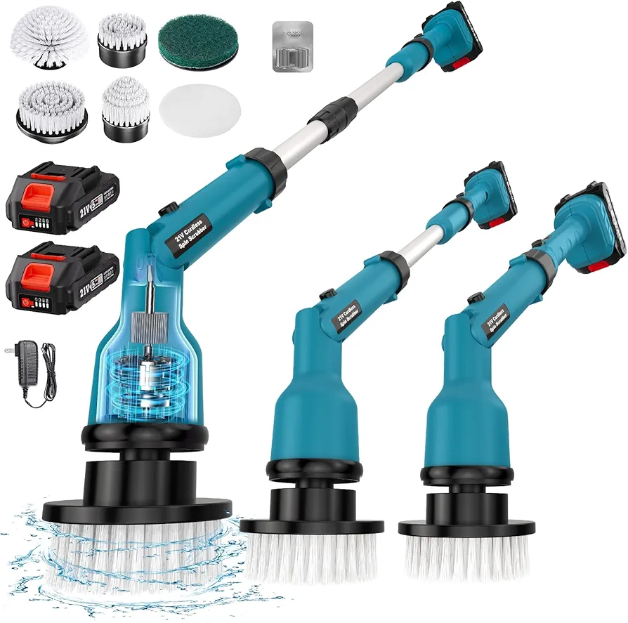 21V Electric Spin Scrubber, Max 1000RPM Powerful Cordless Spin Cleaning Brush, with 50 Inches Adjustable Extension Arm, 2 Batteries Included, Scrubber for Bathroom/Kitchen/Floor/Tile/Tub