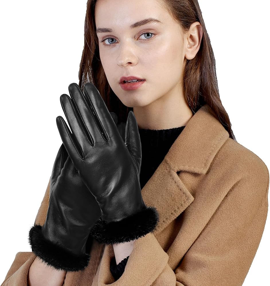 FIORETTO Winter Warm Genuine Leather Gloves with Fur Cuff Wool Cashmere Lining Womens Touchscreen Sheepskin Gloves Black