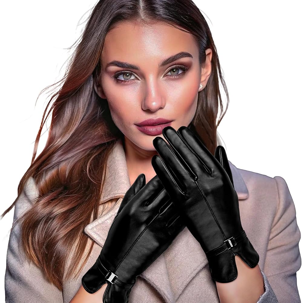 OZERO Leather Womens Gloves Winter, Sheepskin Wool Warm Womens Gloves with Touchscreen Fingers for Cold Weather