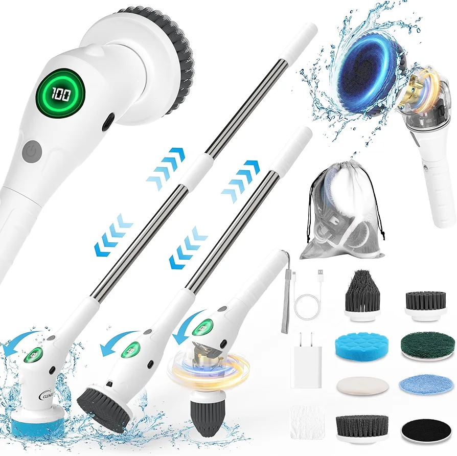 Electric Spin Scrubber, 9 in 1 Cordless Cleaning Brush with Type C USB Port, Charger, 3 Adjustable Speed, LED Display, Electric Scrubber for Cleaning Bathroom Tub Tile Floor