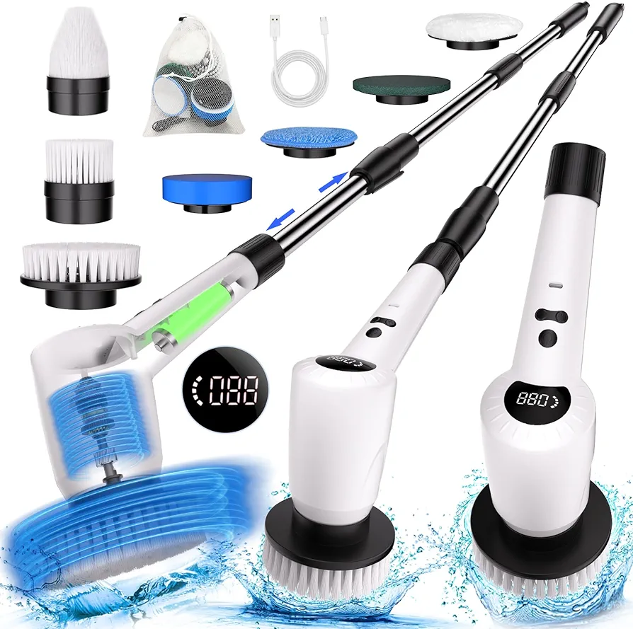 Electric Spin Scrubber, Upgrade Electric Spin Cordless Tub and Tile Scrubber with Adjustable Extension Arm, 3 Speed 7 Replaceable Cleaning Heads, Power Spin Scrubbers for Cleaning Bathroom, Floor, Car