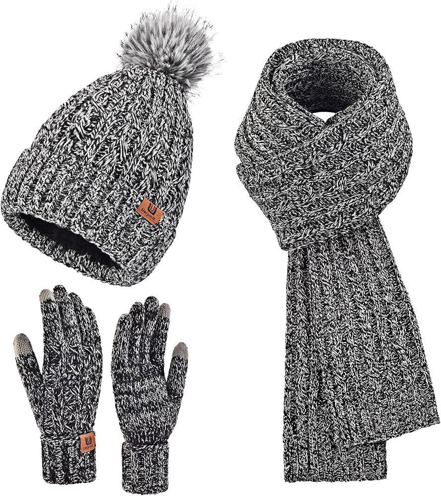 Womens Winter Warm Beanie Hat Long Scarf Touchscreen Gloves Set with Fleece Lined Skull Pom Caps 3 in 1 Set for Gift