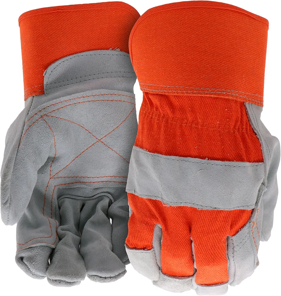 Boss Men's Guard Heavy Duty Work Gloves with Double Leather Cowhide Palm, Abrasion Resistant, High Durability, Canvas Backing, Extended Safety Cuff, Orange, Gray, X-Large (B71031-XL)