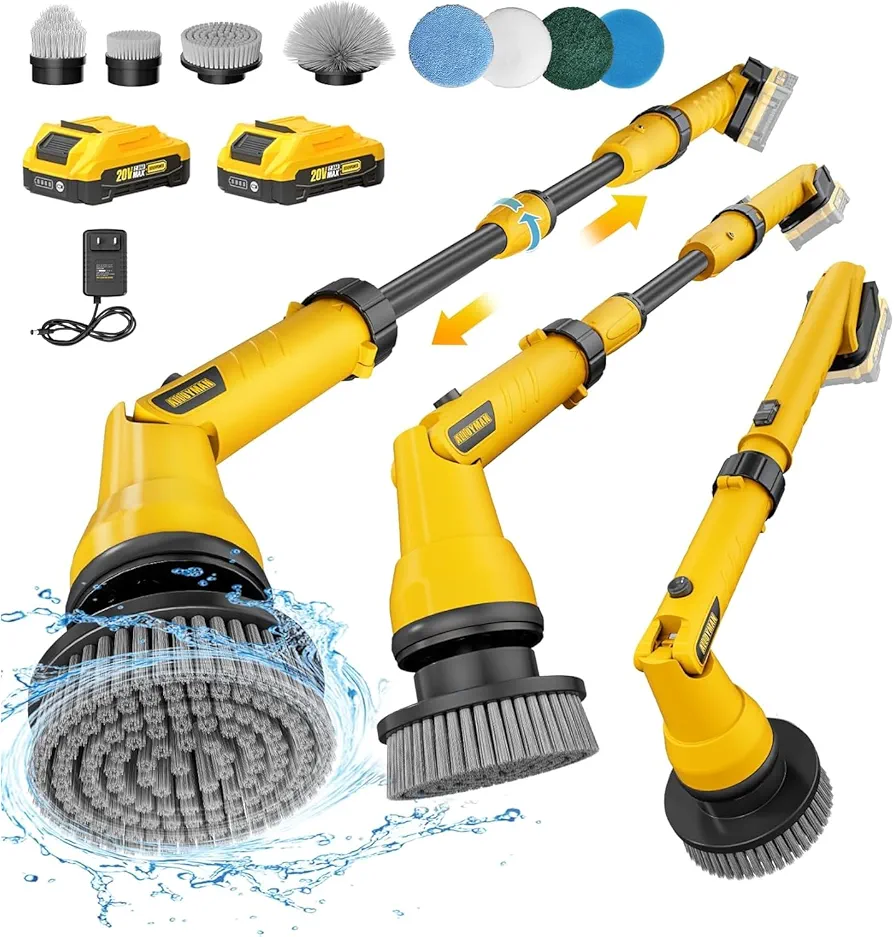 20V Electric Scrubber for Cleaning Floors, Walls - 2 Replaceable Battery Design for Outdoor Garden and Patio Cleaning Stubborn Stains, Telescopic Handle,8 Replaceable Brush Heads, Yellow/Black