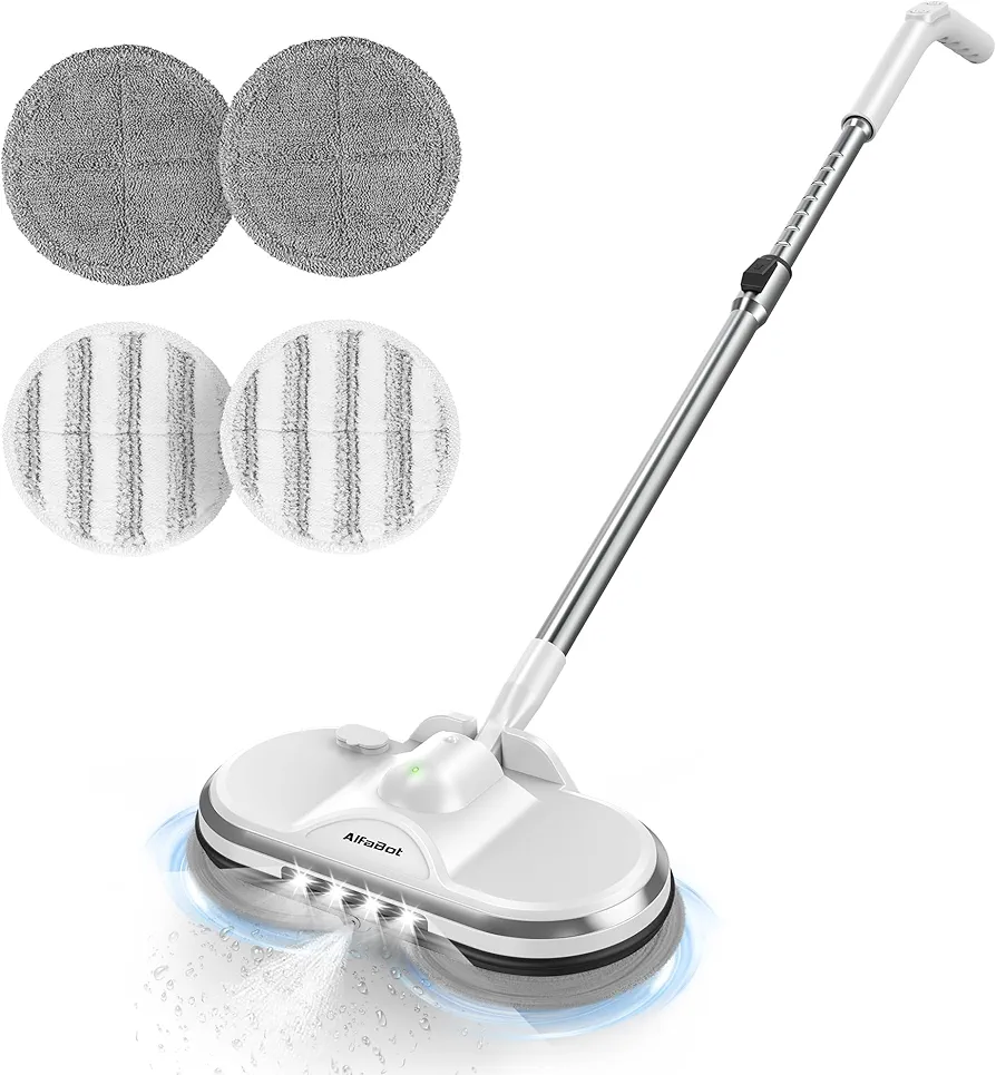 AlfaBot WS-24 Cordless Electric Mop, Electric Spin Mop for Floor Cleaning, with Lightweight & Rechargeable Floor Cleaner with Water Sprayer and LED Headlight for Hardwood and Tile Floors, White