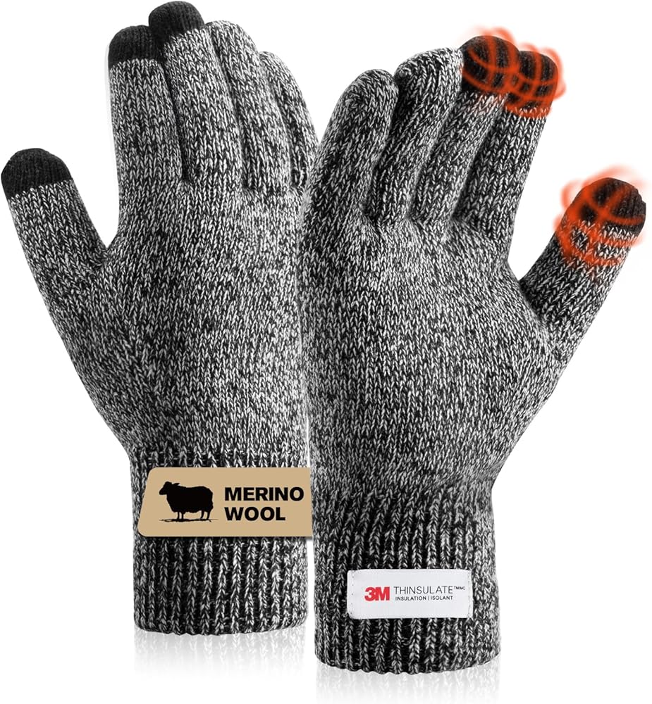 Winter Gloves for Men Women Merino Wool Touch Screen THINSULATE Lining Warm Gloves Thermal Soft Knit for Cold Weather