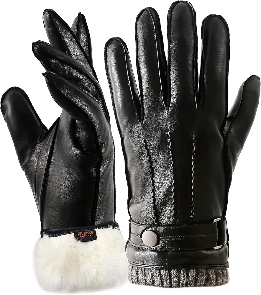 VIKIDEER Super Warm Fur Gloves Mens Leather Gloves Real Rabbit Fur Lined Touchscreen Driving Gloves