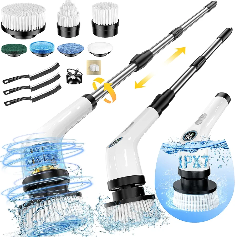 Electric Spin Scrubber, Full-Body IPX7 Waterproof Cordless Power Cleaning Brush with Adjustable Extension Handle, 2-Speed Shower Scrubber with 7 Replaceable Brush Heads for Bathroom, Kitchen Cleaning