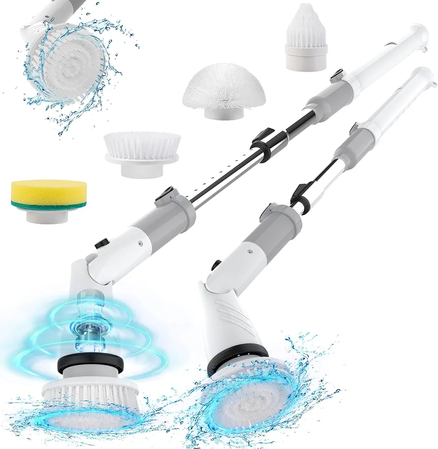 Electric Spin Scrubber, Cordless Power Brush Floor Scrubber with Adjustable Extension Arm and 4 Replaceable Bathroom Cleaning Brush Heads, Ideal for Tub, Tile, and Floor Cleaning