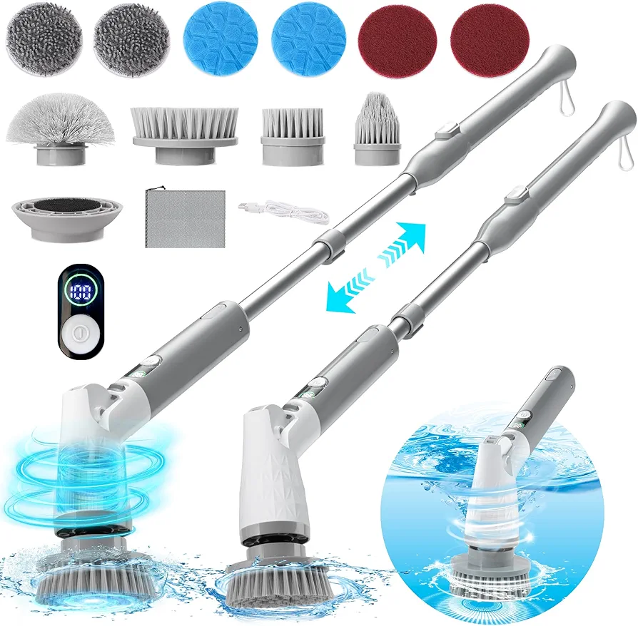 Electric Spin Scrubber, Cordless Cleaning Brush with 10 Replaceable Brush Heads, Adjustable Extension Handle, LED Display, IPX7 Waterproof, Dual Speed Power Scrubber for Bathroom, Tub, Tile, Floor