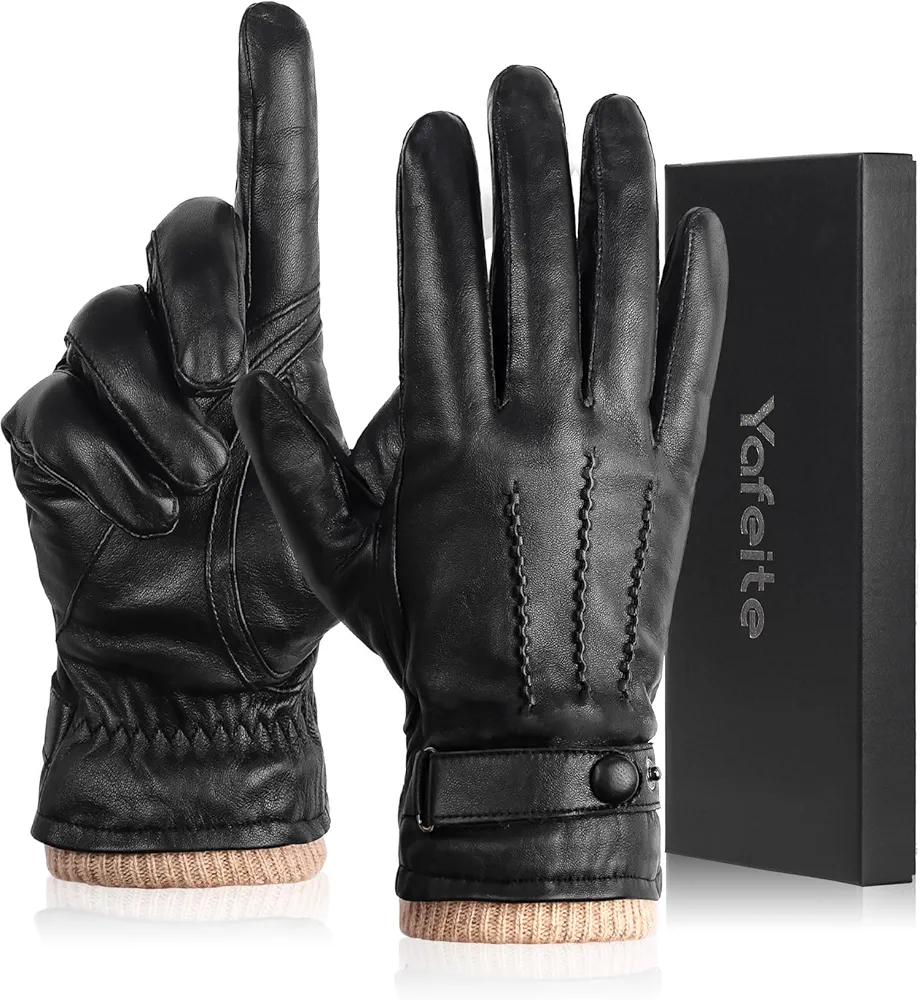 Winter Sheepskin Leather Gloves for Men, Warm Cashmere Lined Black Leather Gloves, Touchscreen Motorcycle Gloves