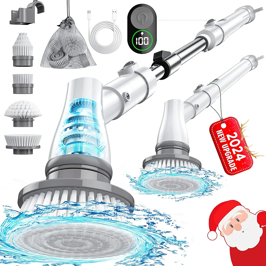 Electric Spin Scrubber with Big Display, Fast Charging Cordless Cleaning Brush with Adjustable Long Handle, 2 Speeds & 4 Replaceable Brush Heads, 1.5H Runtime Shower Scrubber for Deep Cleaning