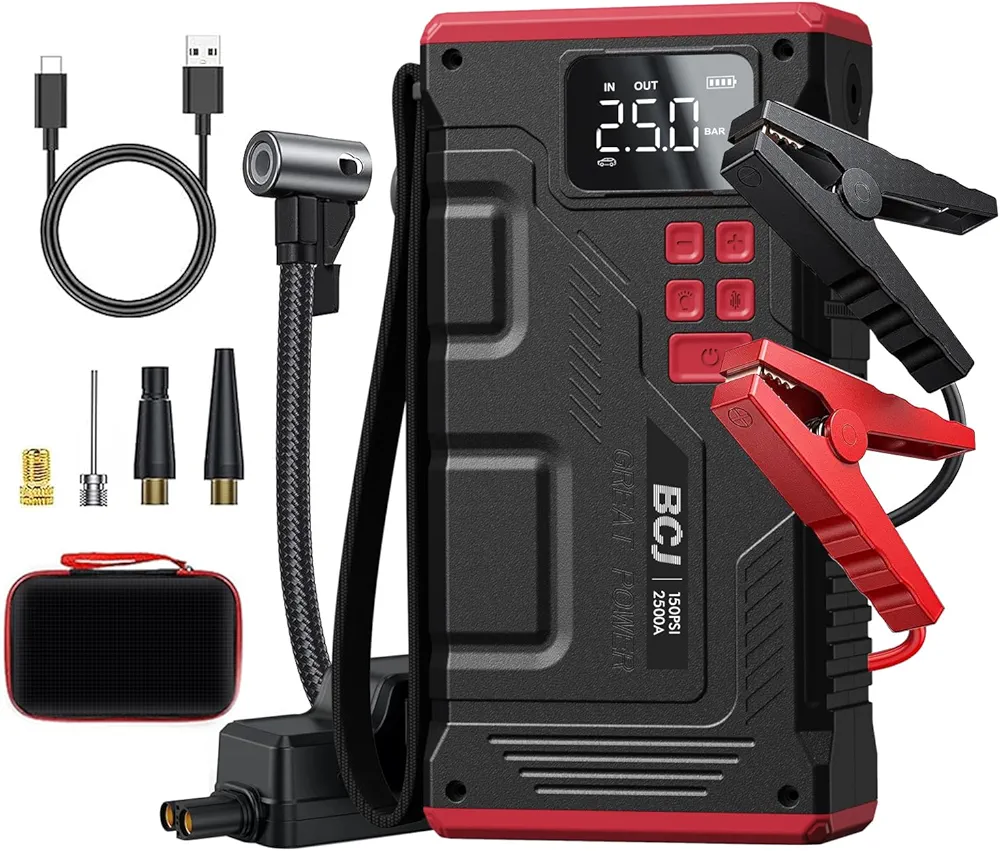 BCJ 2024 New Car Jump Starter with Air Compressor, Battery Jump Starter Portable 2500A Peak 150PSI Digital Tire Inflator, car Battery Charger Portable for 12V (9 Gas/7L Diesel) (Black, 2500A)