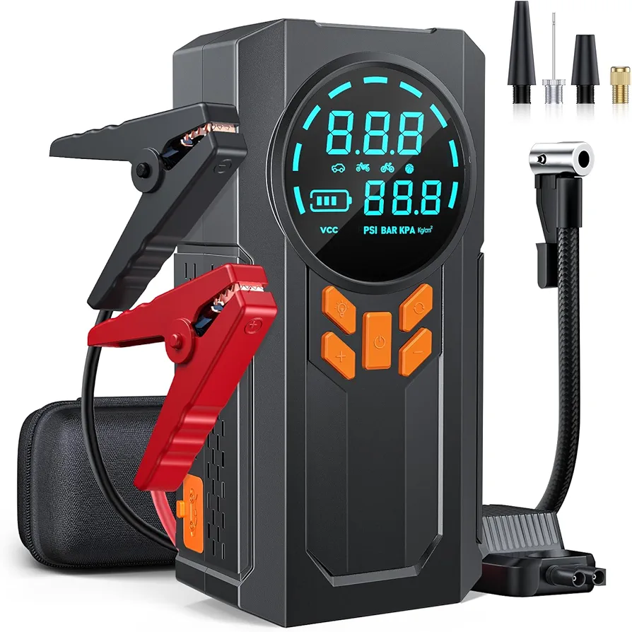 Jump Starter with Air Compressor, 3000A 150PSI Battery Jumper Starter Portable (9.0 Gas/8.0L Diesel), 12V Jump Box Car Battery Jump Starter with Smart Jumper Cables, 3 Modes Flashlight, LCD Display