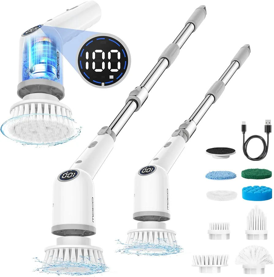 MoKo Electric Spin Scrubber, Cordless Cleaning Brush up to 490 RPM with Power Display, 9 Replaceable Brush Heads,Adjustable Extension Handle, Electric Scrubber for Cleaning Shower,Bathroom, Tub, Tile