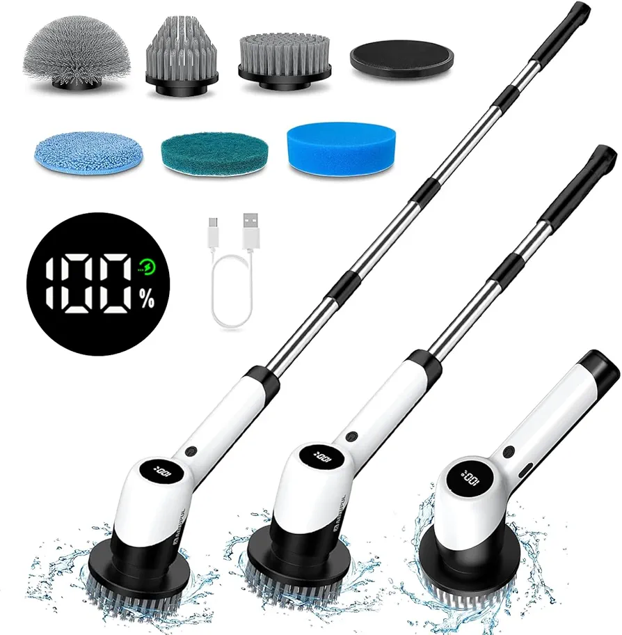 Electric Spin Scrubber Cordless - Lightweight Bathroom Cleaning Brush Scrubber with 7 Replaceable Brush Heads, Power Scrubber with 2 Speeds Tub and LED Display, IPX7 Waterproof, 11-55in Long Handle