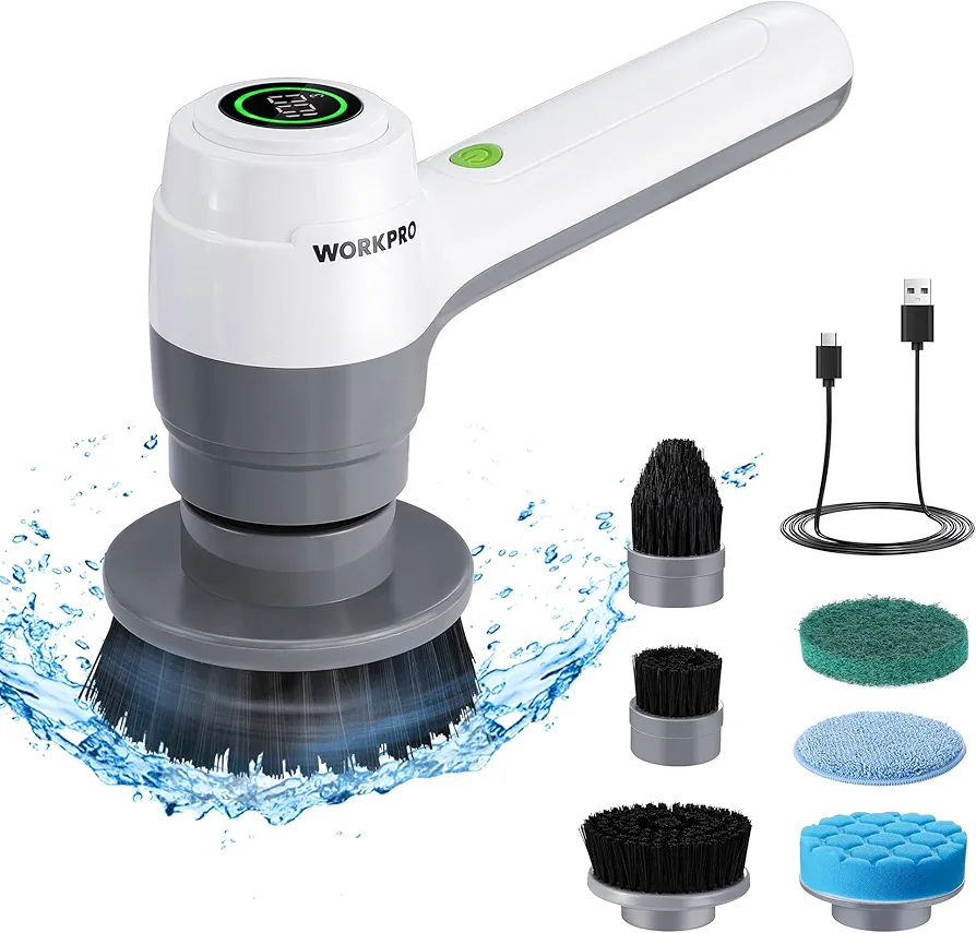 WORKPRO 8V Electric Spin Scrubber, 3-Speed Adjustable Shower Scrubber with 6 Replaceable Brush Heads, IPX6 Waterproof Electric Scrubber for Cleaning Bathroom, Kitchen Sinks, and Windows