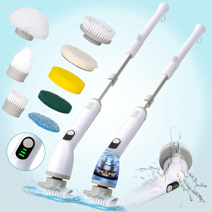 Electric Spin Scrubber, Full-Body IP67 Waterproof Bathroom Cleaner Brush, 8 Replaceable Brush Heads, Adjustable & Detachable Long Handle, Cleaning Supplies for Tub Shower Tile Floor-（White）