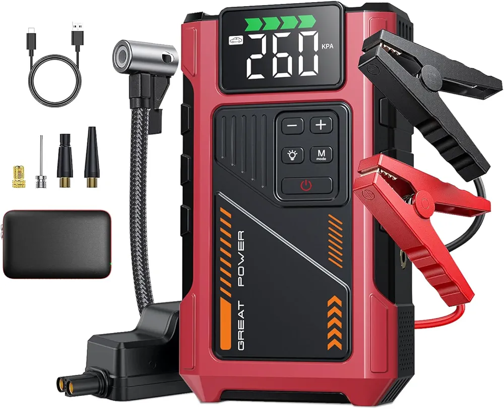 Pabulum Car Jump Starter with Air Compressor Combo 2500A Portable Jump Box, 12V Car Battery Booster with 150PSI Tire Inflator for 7.5L Gas/6.0L Diesel Engines Car Emergency Kits