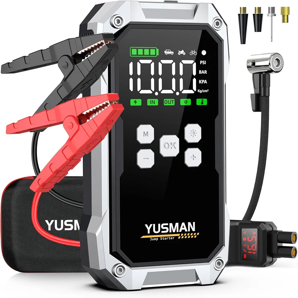 Car Jump Starter with Air Compressor, 6000A 150PSI Jump Starter Battery Pack (All Gas/10.0L Diesel), 12V Battery Jump Starter with Display, Smart Jumper Cables, 2 LED Light