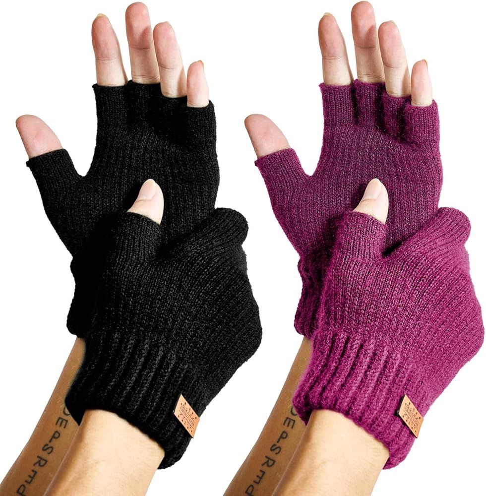 Fingerless Gloves for Women Men, Winter Warm Alpaca Wool Stretch Knit Adult Half Finger Glove for Typing, Driving