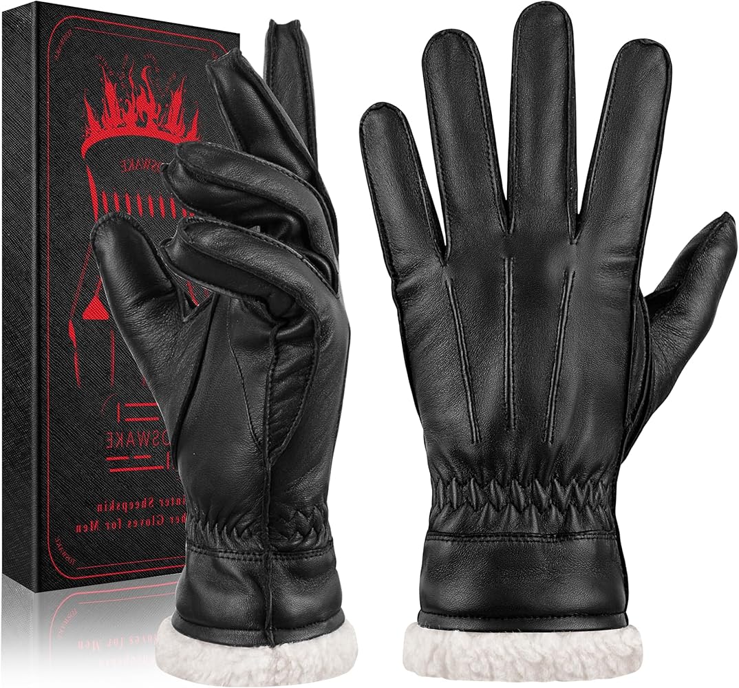 Leather Gloves for Men Genuine Lambskin, Gloves for Men Warm Wool Lined Anti-Slip, Winter Gloves Touchscreen Driving