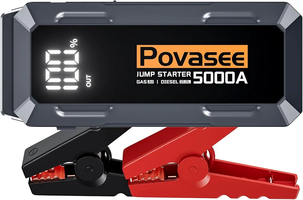 5000A Jump Starter Povasee Car Battery Jump Starter, 12V Jump Box for car up to All Gas or 10L Diesel Engine Battery Jumper Starter Portable with 3" LCD Display Power Bank/Dual Output/LED Light