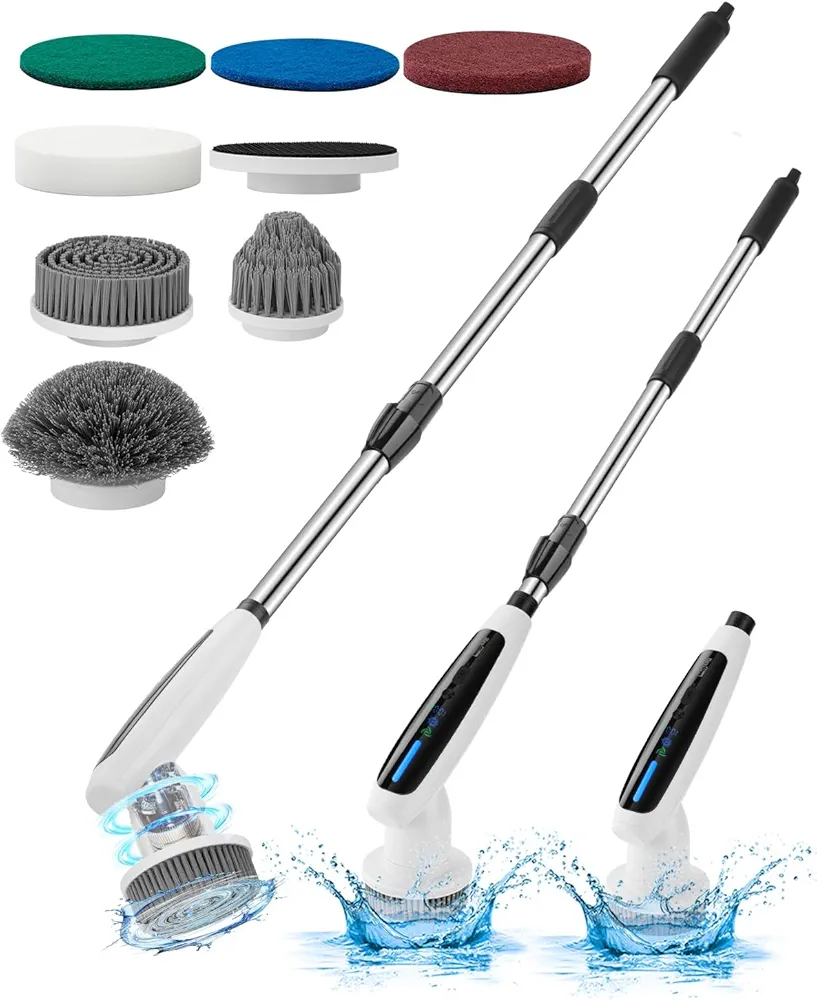 Electric Spin Scrubber,120 MIN Playtime cordless cleaning brush, 330 rpm for efficient cleaning, 7replaceable brush heads and 3 adjustable extension handles,suitable for home and bathroom floor(White)