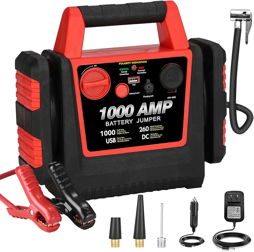 Car Battery Jump Starter-1000Amp 12V Lead-Acid Battery Jump Box with 260PSI Air Compressor, 10000 mAh Portable Power Station, Jump Pack for Vehicles Up to 5L Gas or Diesel