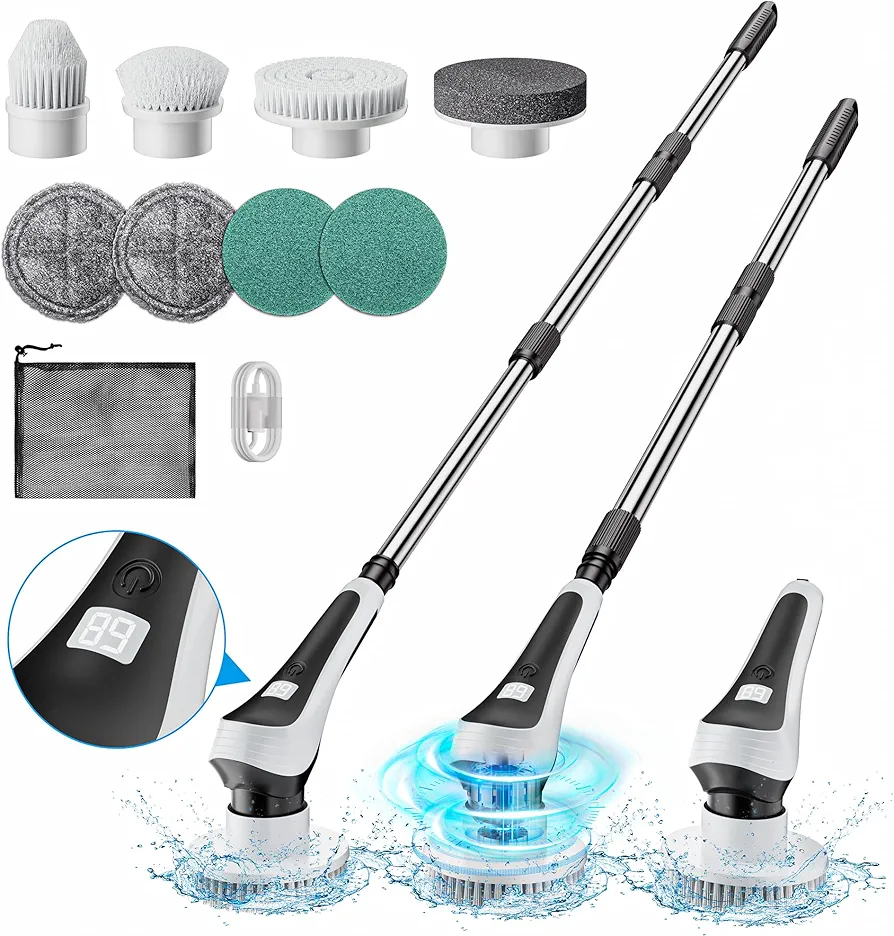 Electric Spin Scrubber,Cordless Cleaning Brush with Power Display Screen,IP68 Waterproof Shower Cleaning Brush with 8 Replaceable Brush Heads,Adjustable & Detachable Handle and 2 Adjustable Speeds