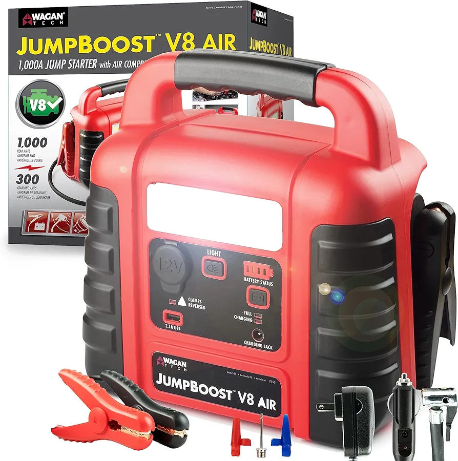 Wagan EL7552 Jumpboost V10 Air 1000 Peak Amps 12V Jump Starter with 260 PSI Powerful Air Compressor Tire Inflator, 1 Built-in DC Socket and 2A USB Port, Work Light