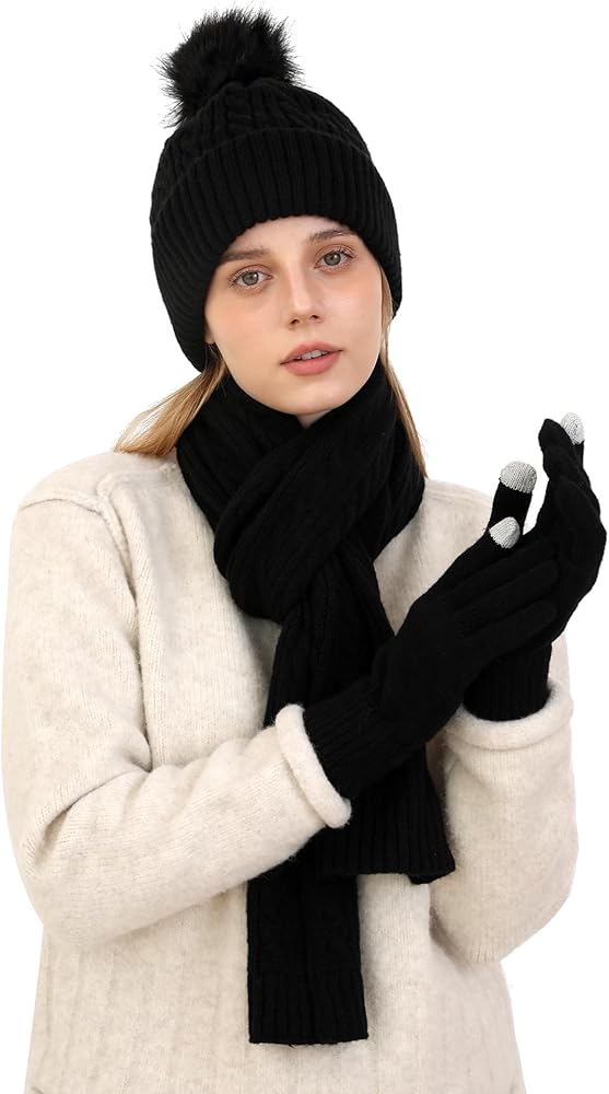 Double Couple 3pcs Winter Woven scarf and hat and Touch Screen Gloves Set for Women Knit Hat with Faux Fur Ball Scarves Glove