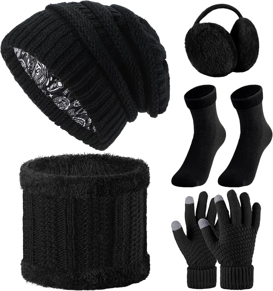 SATINIOR 5 Pcs Winter Hat Scarf Gloves Set Knit Satin Lined Pompom Beanie Warm Touchscreen Gloves Earmuff Warmer for Women