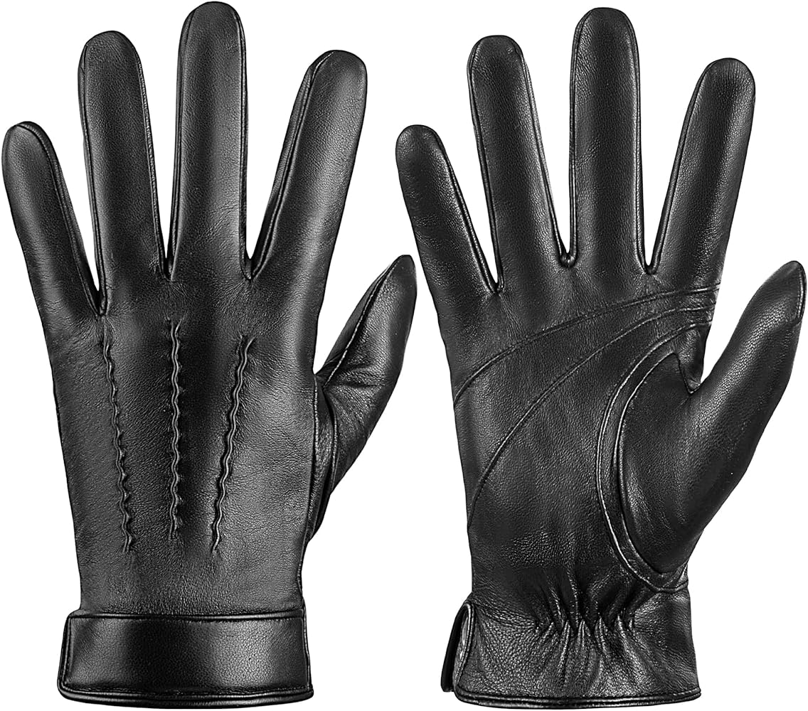 Genuine Sheepskin Leather Gloves for Men, Soft Cashmere Winter Warm Touch Screen Gloves Motorcycle Driving Gloves