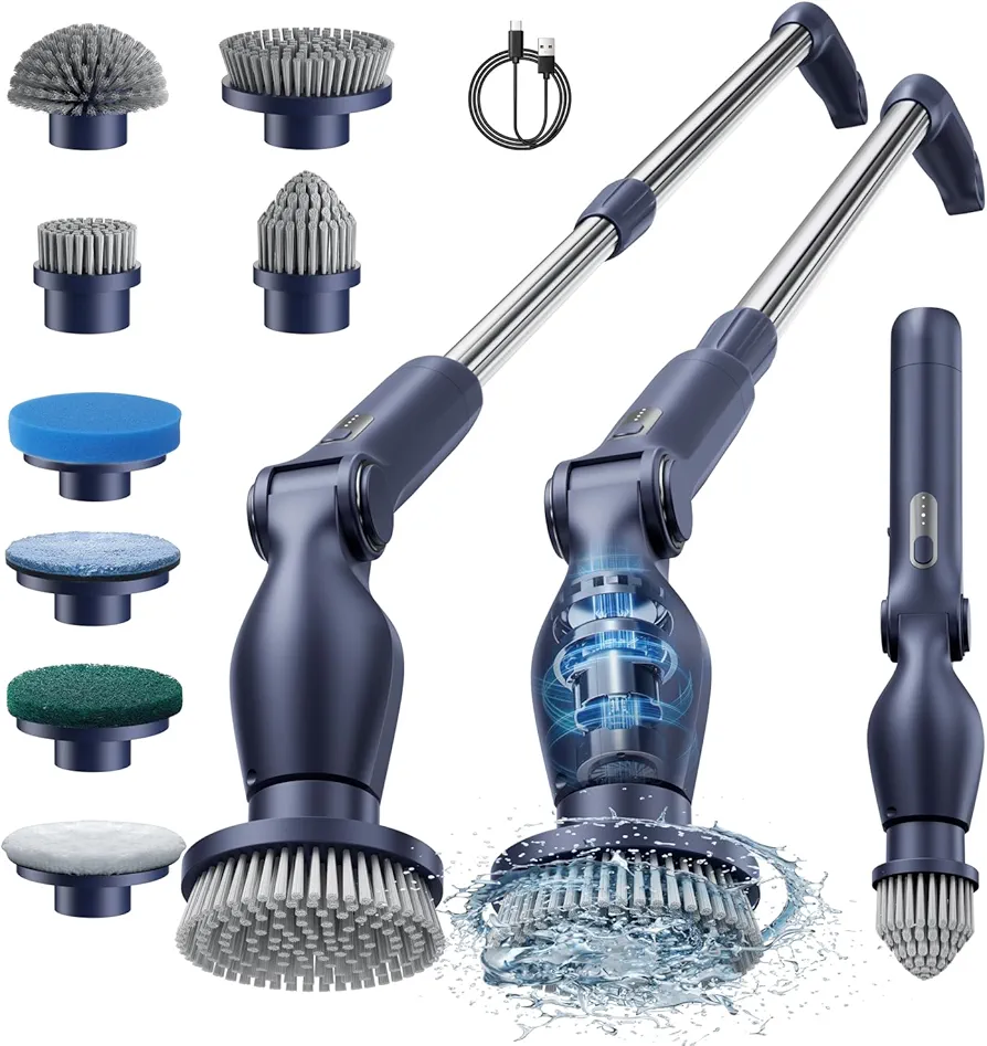 Leebein Electric Spin Scrubber, Cordless Cleaning Brush with 8 Replaceable Brush Heads, Adjustable Extension Handle, 2 Speeds & Remote Control, Power Cleaning Scrub for Bathroom Tile Car (Blue)