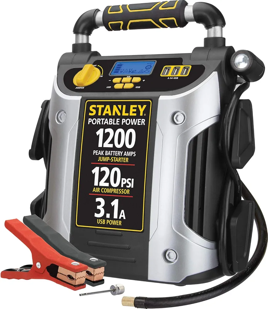 Stanlety J5C09D 1200 Peak Amp Automotive Jump Starter, Portable Power – 2.1A/10W USB Port, 120 PSI Air Compressor