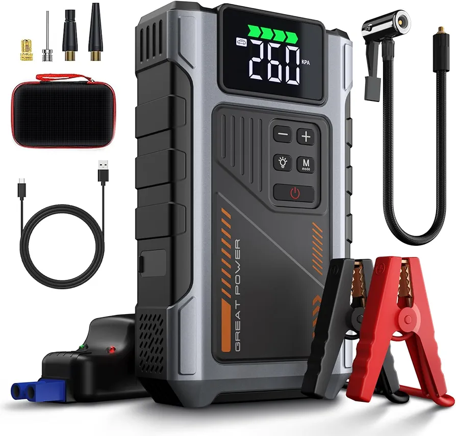 Portable Jump Starter with Air Compressor 2500A Peak with 150PSI Tire Inflator, Jump Box for 12V Car Battery Power Booster Pack (Up 7.5L Gas/6.0L Diesel Engine)