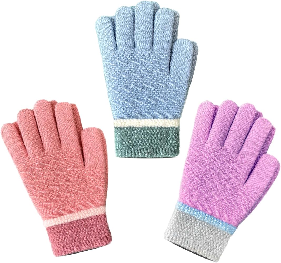 Evridwear Kids Winter Gloves, 3Pairs Knit Warm Stretch Gripper Children Glove for Boys Girls 4-14 Years