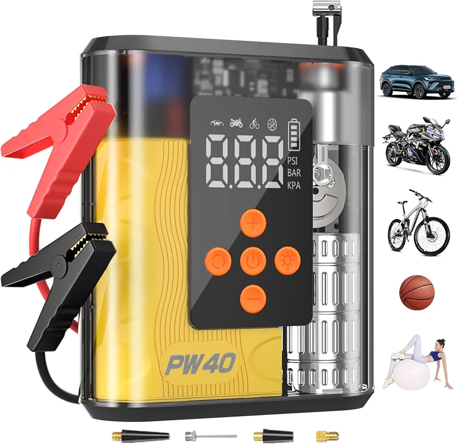 PW40 Jump Starter, Tire Inflator Portable Air Compressor, 4000A Peak 200PSI & 4X Faster, 32000mAh 12V Car Battery Jump Starter (9L Gas/8L Diesel), Portable Tire Inflator for Car(Yellow)