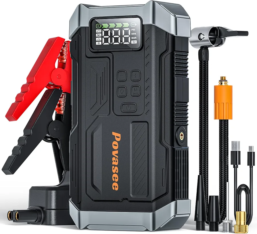 [2025NEW Model] 5000A Jump Starter with Air Compressor,Battery Jumper Starter Portable with 150PSI Tire Inflator 12V Jump Box with LCD Display,Flashlight,Storage Case (Up 9L Gas/8L Diesel Engine