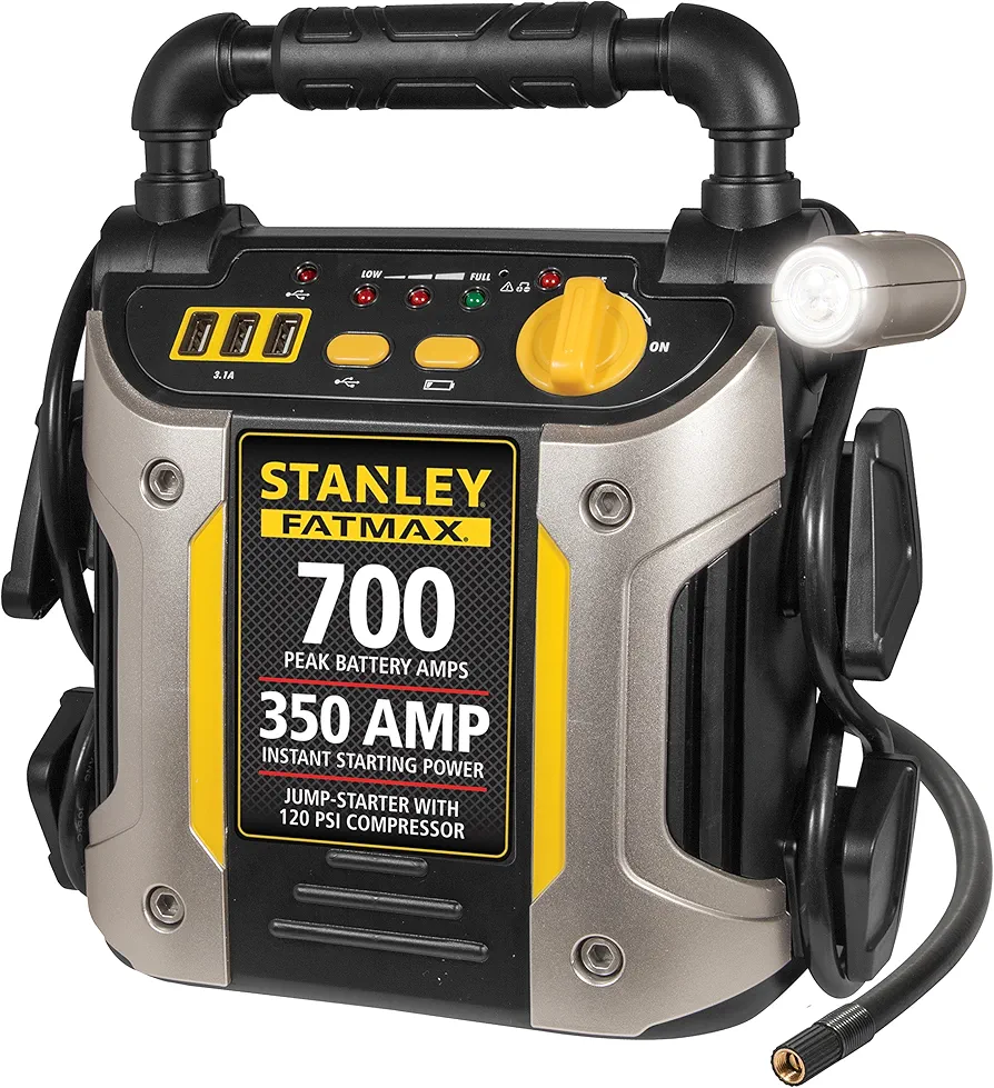 Stanley J7CS 700 Peak Amp Automotive Jump Starter, Portable Power – Triple 15W USB Ports, 120 PSI Air Compressor