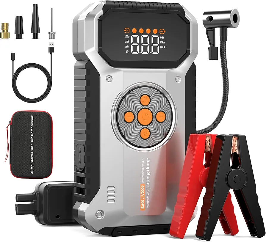 Portable Car Jump Starter with Air Compressor 150PSI, 4000A 12V Charging Car Battery Jump Starter Battery Pack (All Gas/9L Diesel) Jump Box Car Battery Jumper Starter Portable, 680lm Lights