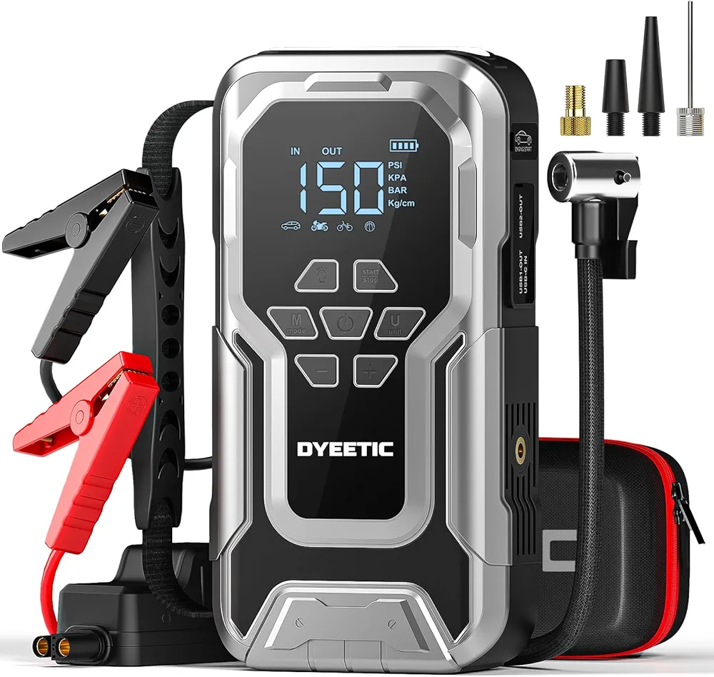 Car Jump Starter with Air Compressor, 3500A 12V Lithium Battery Jump Box with 150PSI Tire Inflator for Up to 10.0L Gas & 8.0L Diesel, Portable Power Bank with 3 Modes LED Light Jumper Pack