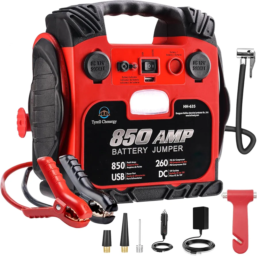 Jump Starter, BS ONE 850 Amp Peak Current Car Jump Stater, 12V Lead Acid Battey Jump Starter with 260PSI Air Compressor, Jump Starter Battery Pack with Led Light & USB Output