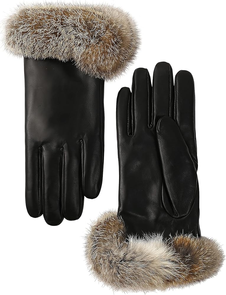 Super Warm Womens Rabbit Fur Lined and Cuff Leather Gloves for Women Touchscreen Texting Driving Gloves