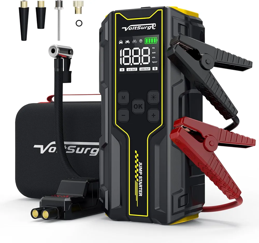 Car Jump Starter with Air Compressor, VoltSurge 6000A Peak 12V Battery Jumper Starter Portable Booster Pack, 150PSI Safe Jump Box with LED Light(Up to 10L Gas/8L Diesel Engine)