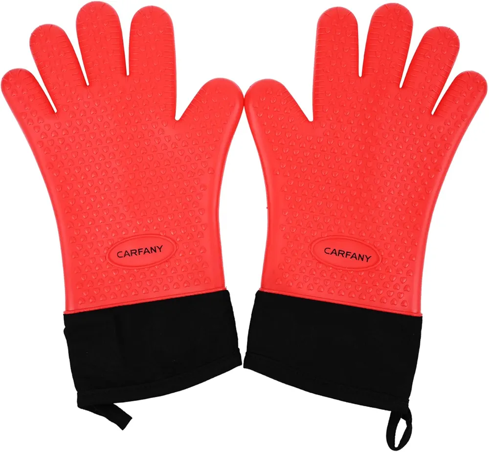 Heat Resistant Grilling Gloves for BBQ Silicone and Cotton Double-Layer Oven Mitts Waterproof Non-Slip Cooking Gloves (Red)