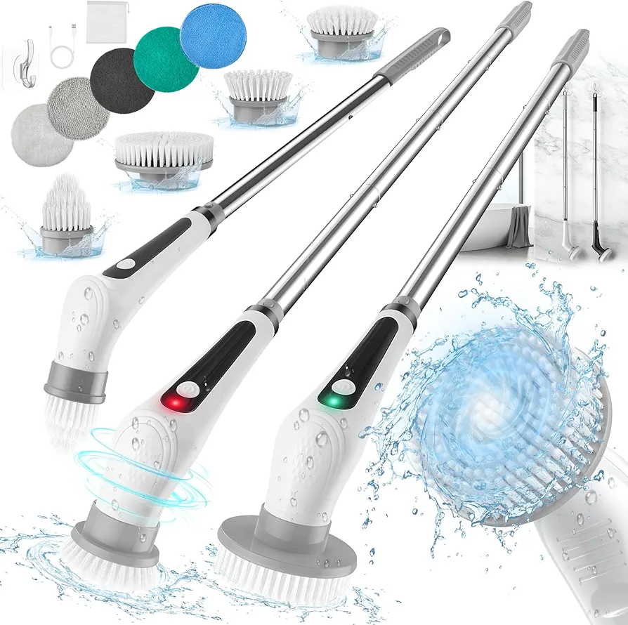 Veken Electric Spin Scrubber, Shower Scrubber with Long Handle and 9 Replaceable Brush Heads, IPX8 Waterproof Bathroom Scrubber with 2 Speeds, Electric Cleaning Brush for Tub, Sink, Glass, Tile