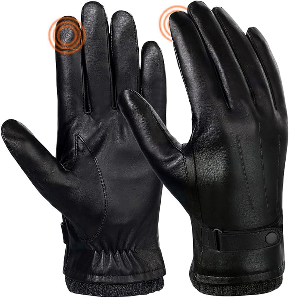 SANKUU Black Leather Gloves for Men, Winter Warm Touchscree Cycling Gloves Outdoor Riding Warm Linner Waterproof Gloves